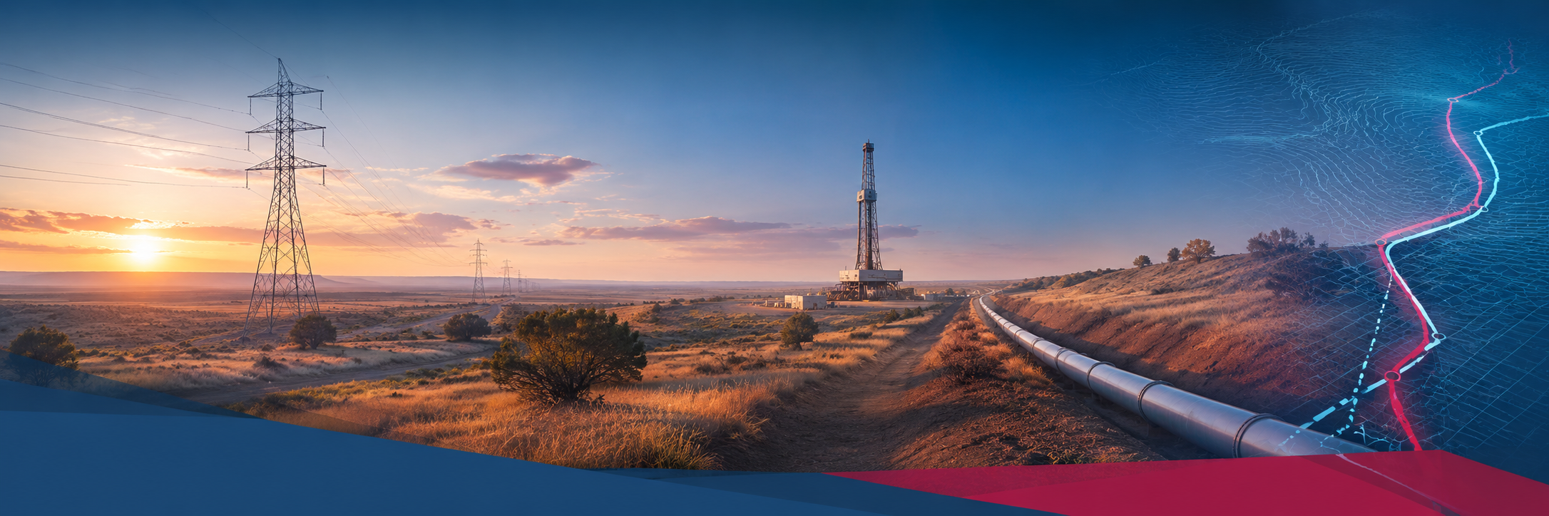 Oklahoma energy infrastructure banner showing transmission lines, pipeline, oil and gas equipment, and route planning graphics